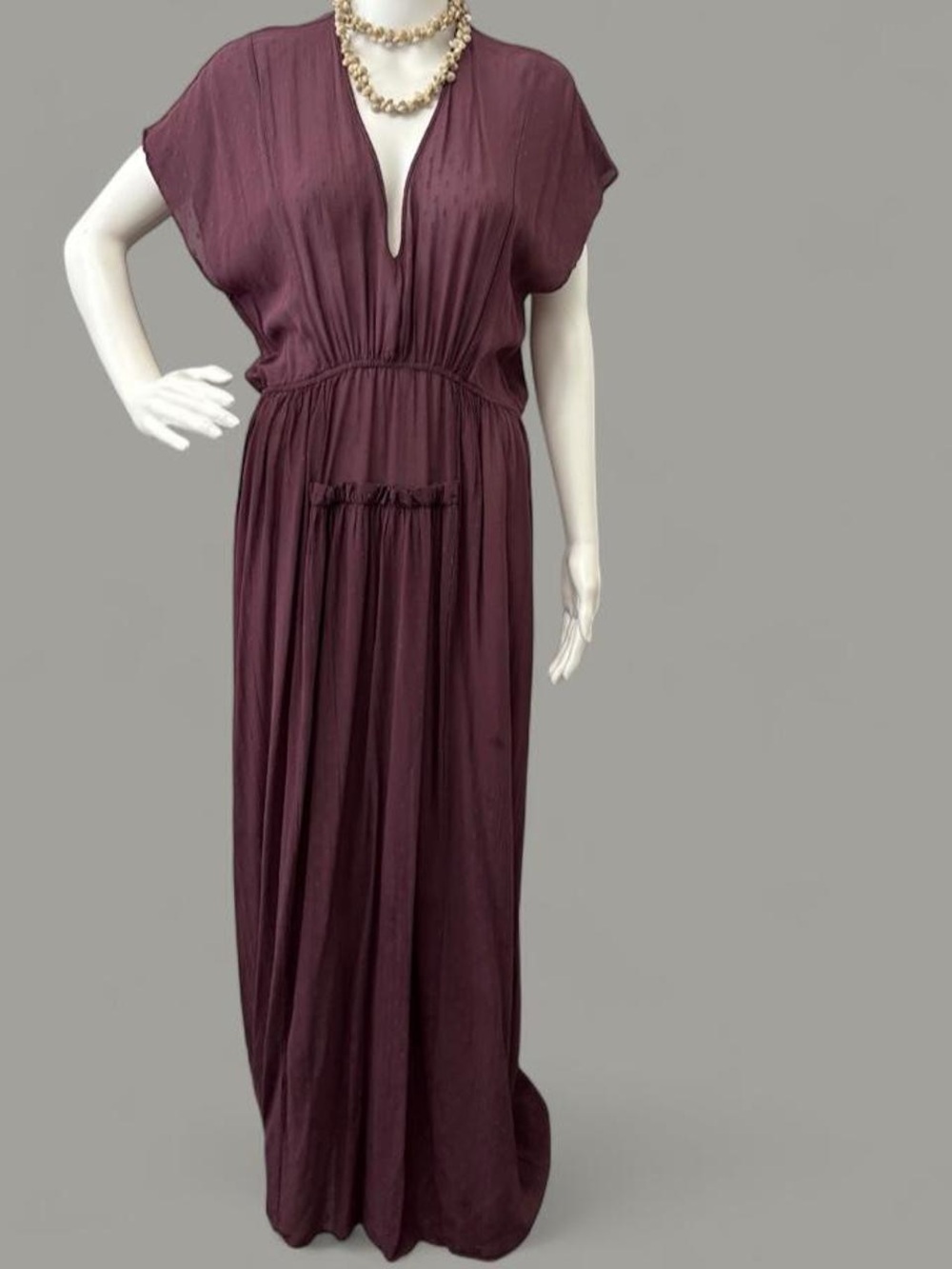 Shear Deep Plum V-Neck Maxi Dress with Gathered Waist